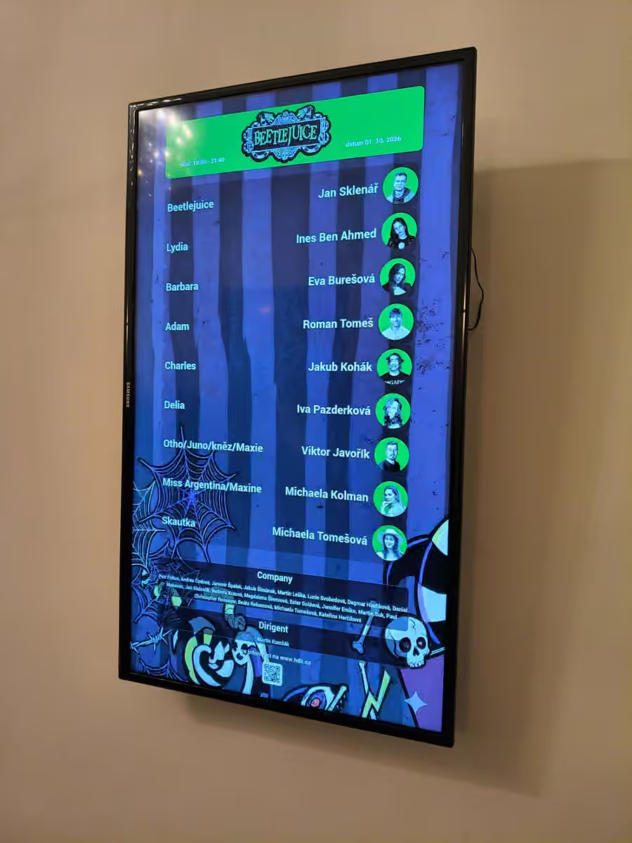 The cast board for the 1 October 2026 performance of Beetlejuice at Hudební divadlo Karlín.