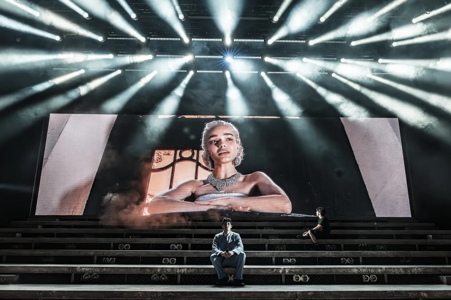 Rachel Zegler as Eva Perón and James Olivas as Juan Perón in Jamie Lloyd's Evita.