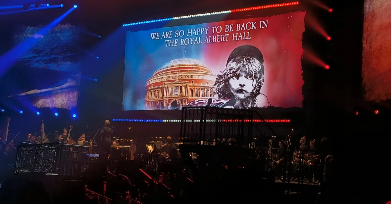 Stage screen welcoming Les Misérables back to the Royal Albert Hall.