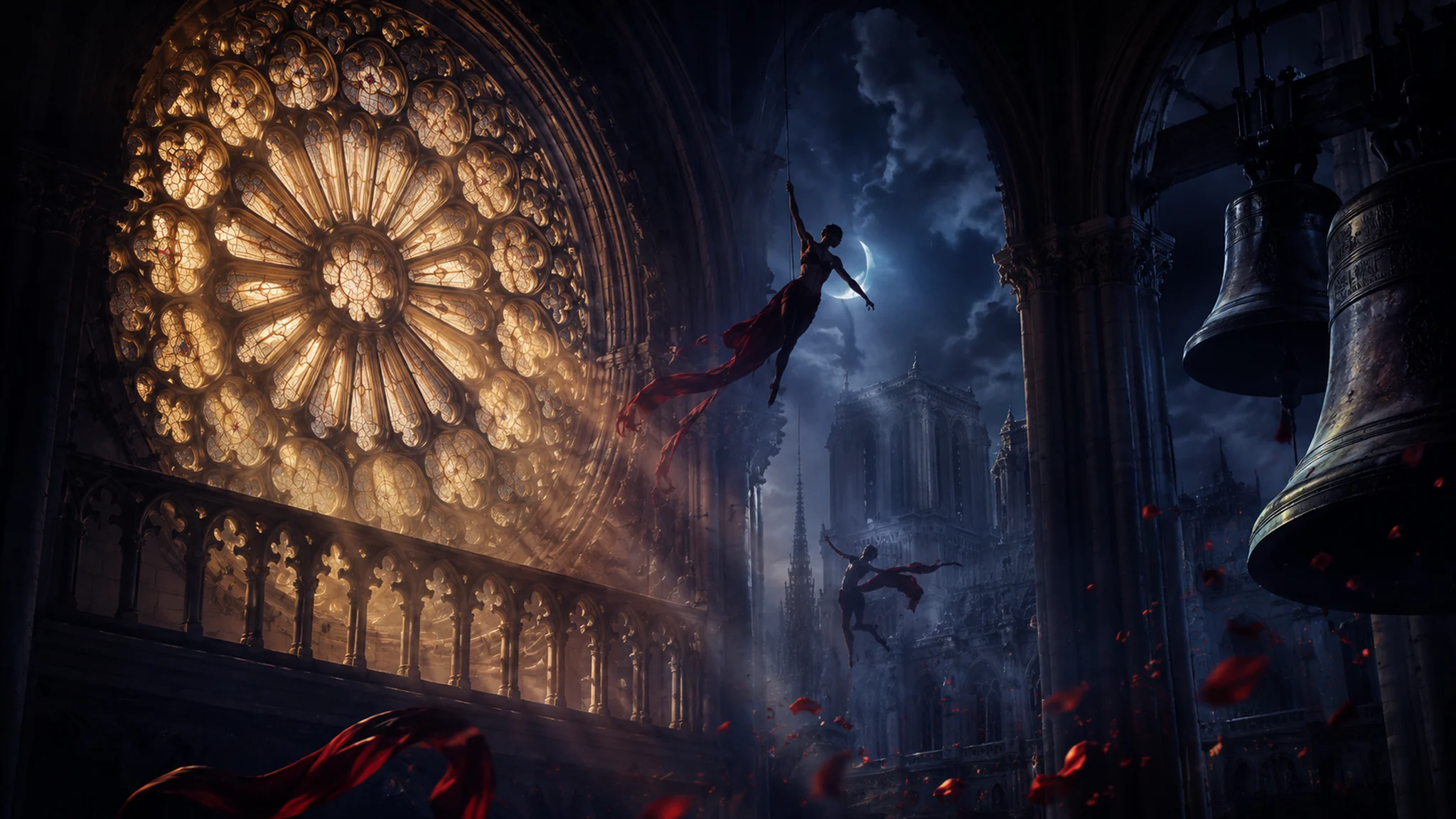 Interiér gotické katedrály se zářícím rozetovým oknem, akrobatickými postavami a zvony, originální vizuál AJSEE pro Notre-Dame de Paris.
