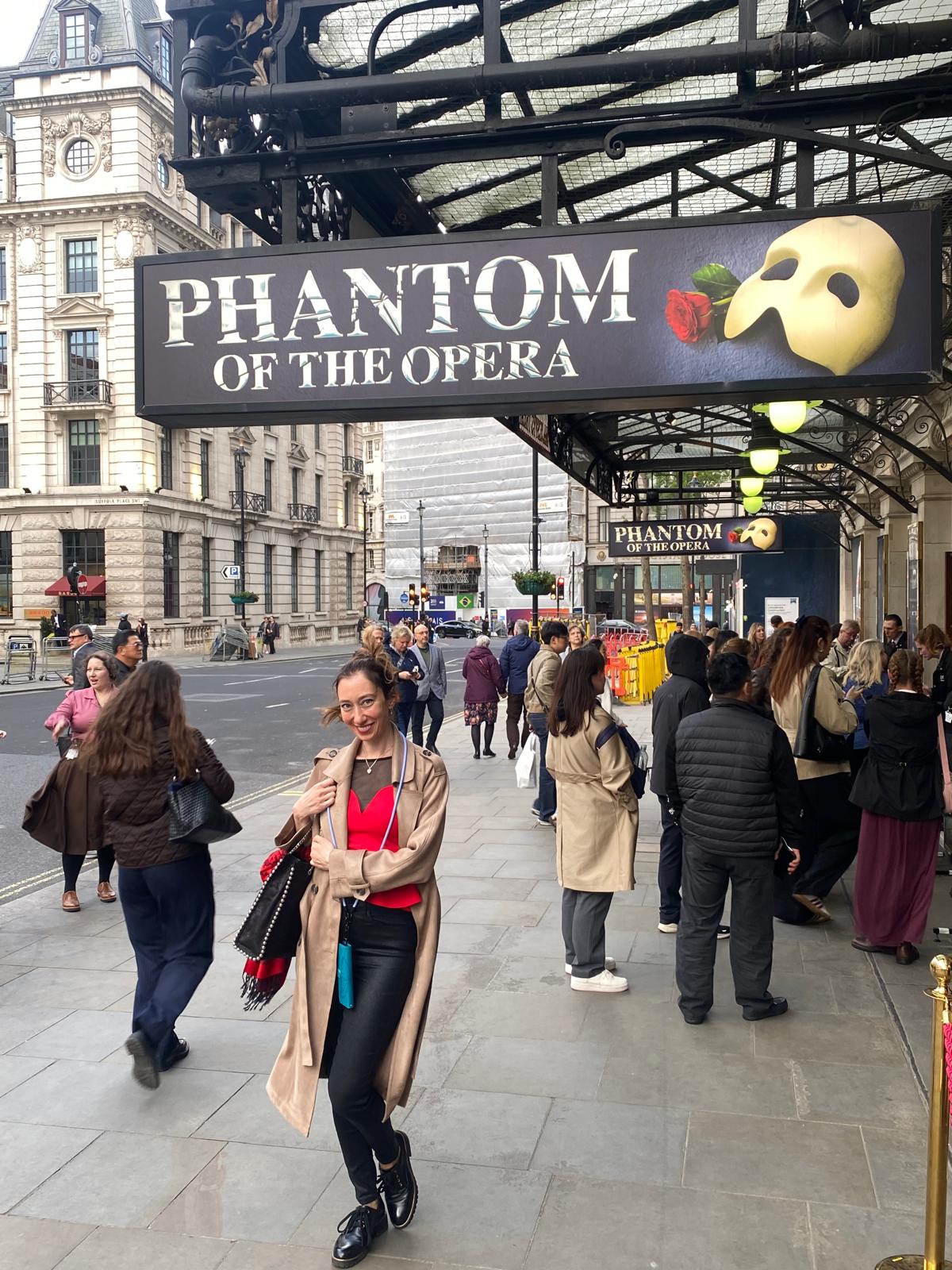 Oya Canli outside His Majesty's Theatre in London before The Phantom of the Opera