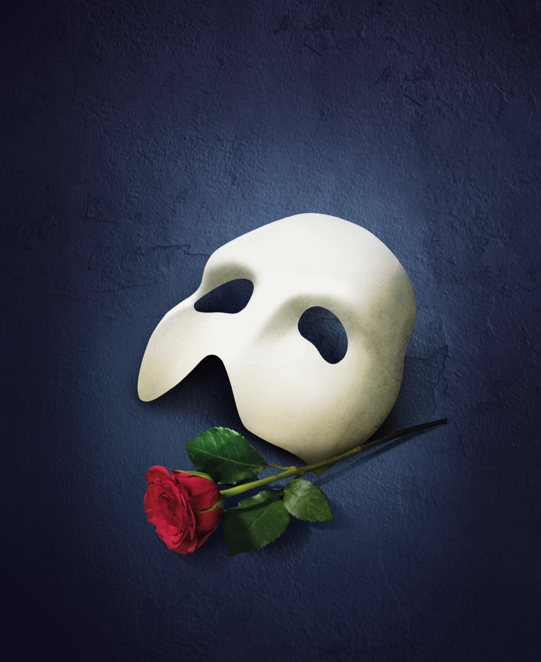 The Phantom of the Opera's iconic white mask and red rose on a dark blue background